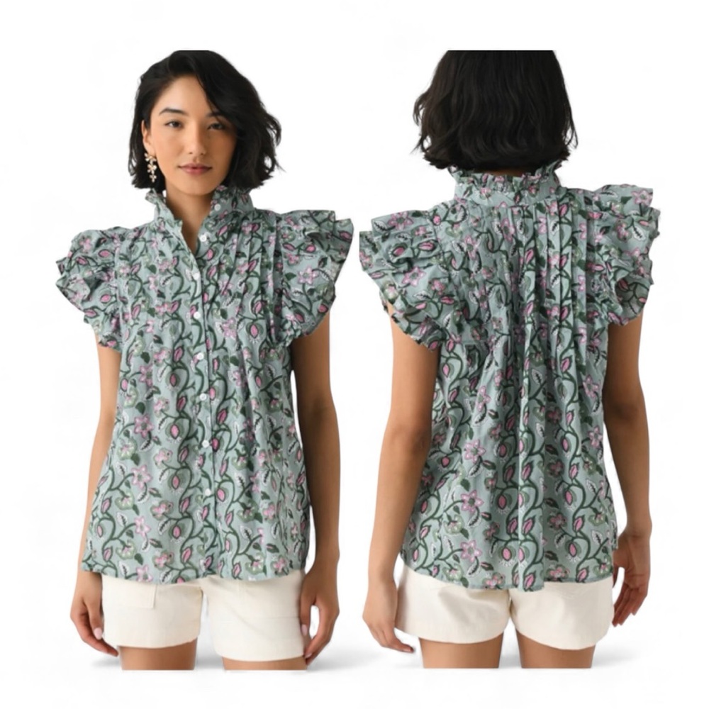 Sur La Vague SLV Green Flutter Button Down Front Shirt OS